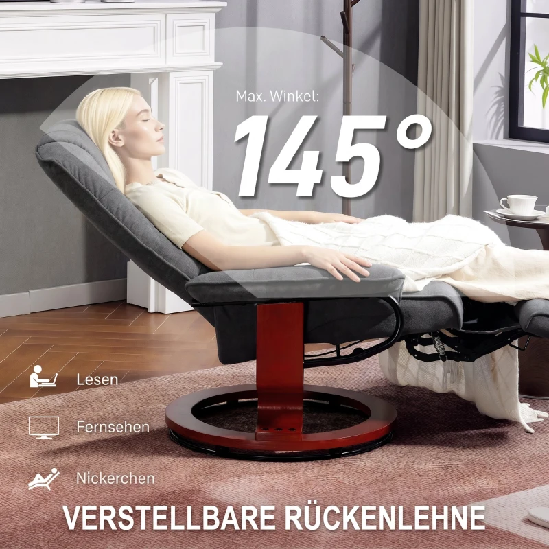 HOMCOM Drehbarer Relaxsessel, Leinenoptik, manuell verstellbarer Sessel mit Holzfuß, Fußstütze, hohe Rückenlehne, Grau