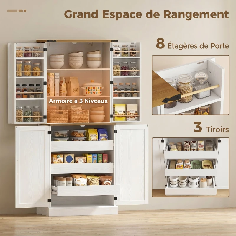 HOMCOM Buffet haut cuisine, armoire de cuisine, 4 portes, 3 tiroirs, 8 porte-racks et étagères réglables, 76x40x182cm, blanc