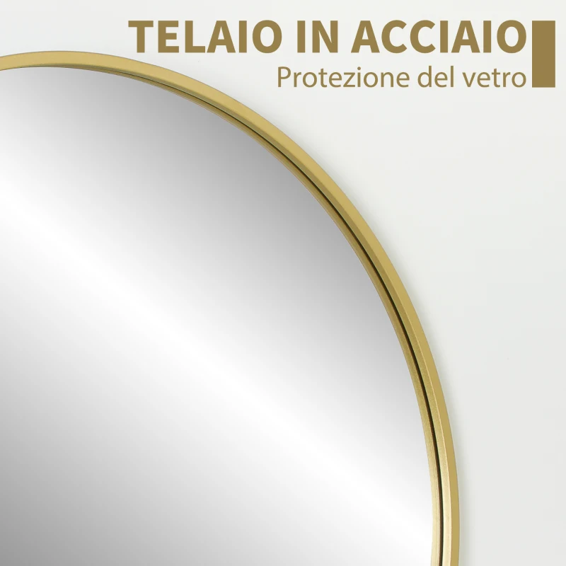HOMCOM Specchio Rotondo da Bagno con Superficie Antiurto, in Vetro e Acciaio, Ø70x2.5 cm, color Oro