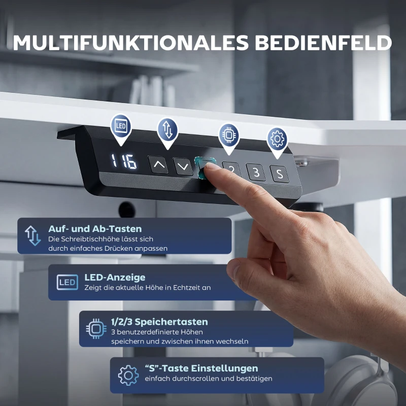 HOMCOM Elektrisches Schreibtischgestell, höhenverstellbar, mit Speicherfunktion, Stahl, Weiß
