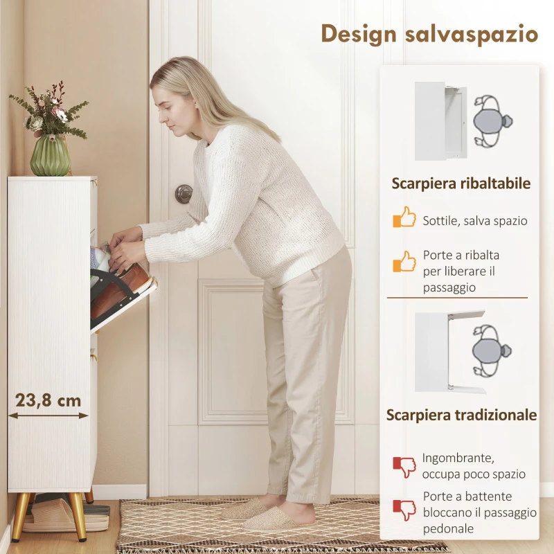 HOMCOM Scarpiera Salvaspazio Slim con Ante a Ribalta, Scarpiera Ingresso con Ripiani Regolabili, per 12 Paia, Bianco