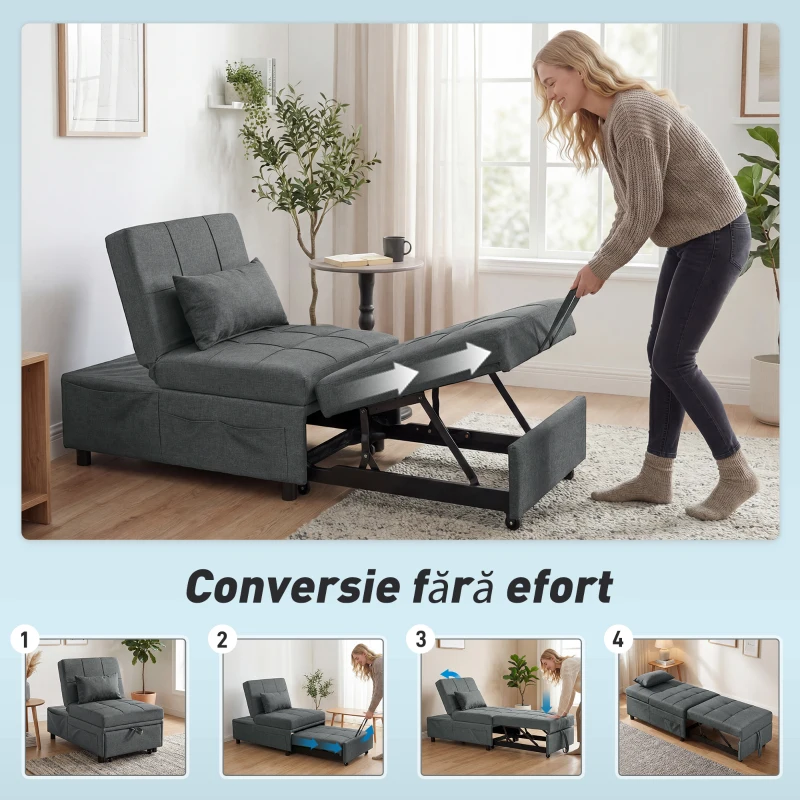 HOMCOM Canapea Extensibilă 4 În 1 cu Roți, pentru O Persoană, Gri