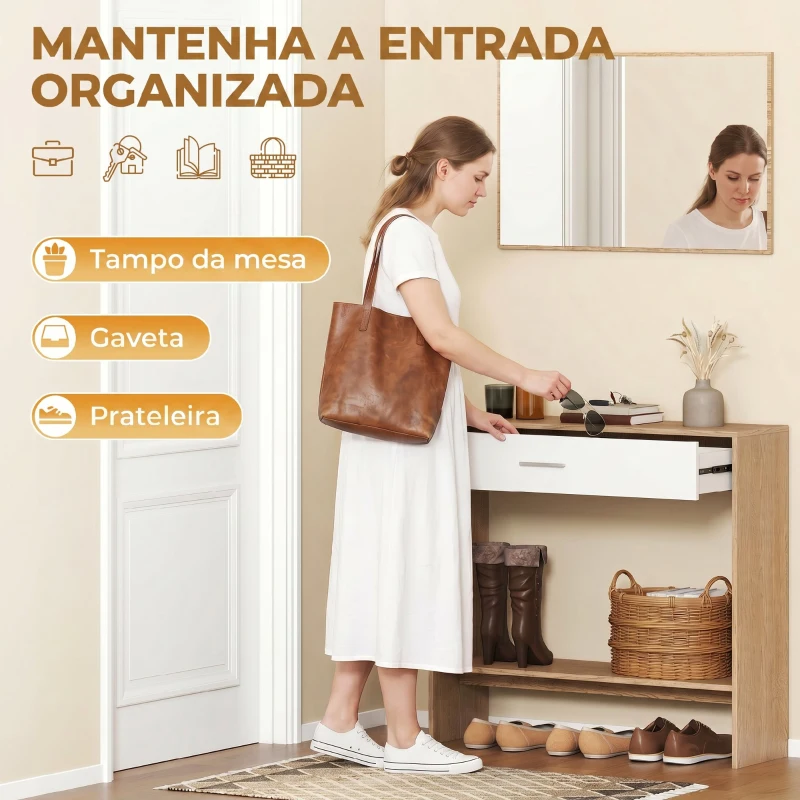 HOMCOM Móvel de Entrada com Espelho, Gaveta e Prateleira para Corredor 91,5x27,9x85,5 cm Carvalho