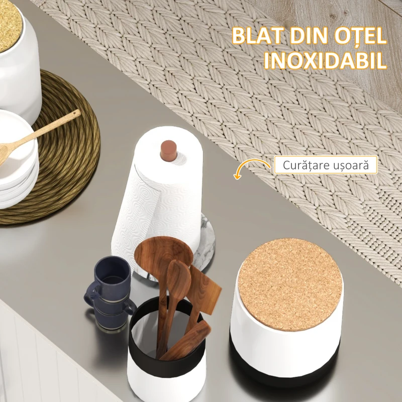 HOMCOM Insulă de Bucătărie cu Sertar, Dulap și 2 Rafturi Deschise, din MDF și Oțel Inoxidabil, 128x45,5x91,5 cm(m-6)