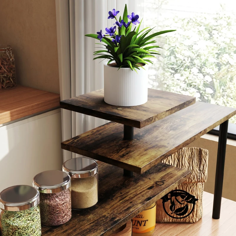 HOMCOM Raft de Bucătărie cu 3 Nivele Rotative Economisitor de Spațiu din Lemn și Oțel, 40x10x36.5 cm, Maro Rustic