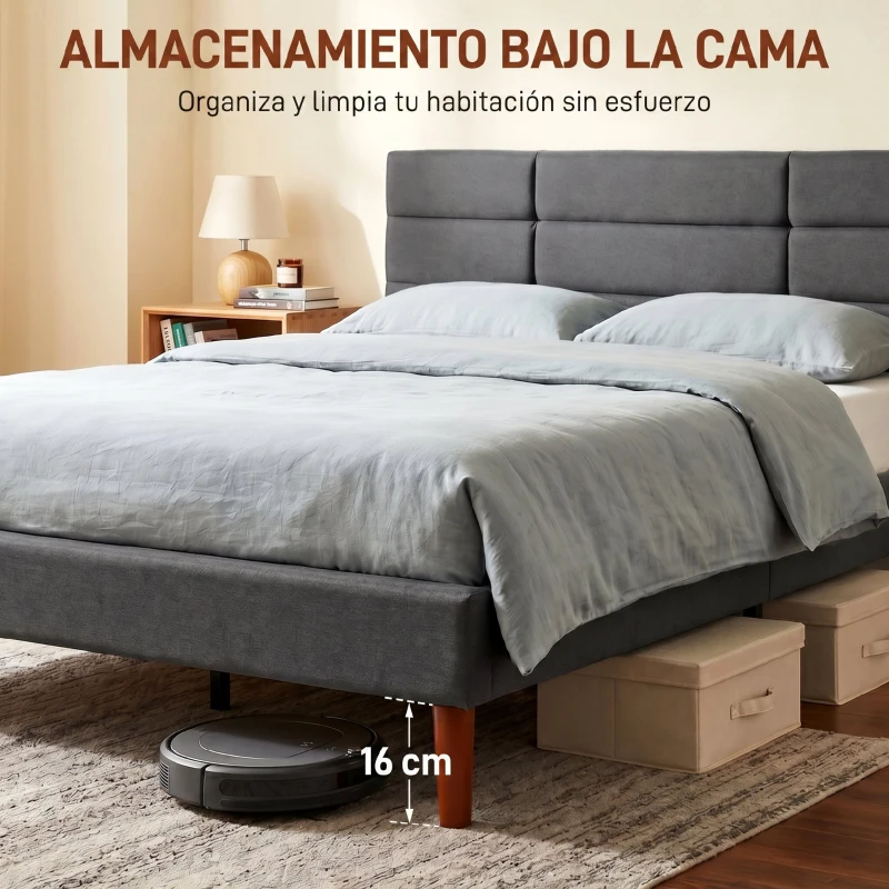 HOMCOM Cama Tapizada 140x200 cm con Cabecero Acolchado de Rejilla Almacenaje Inferior Láminas de Madera Gris