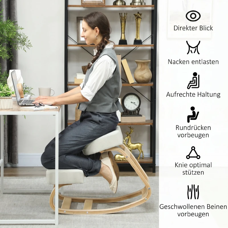 Vinsetto Kniestuhl, ergonomischer Sitzhocker, Polsterhocker für gesunde Sitzhaltung, Birkenholz, 120 kg belastbar, Cremeweiß
