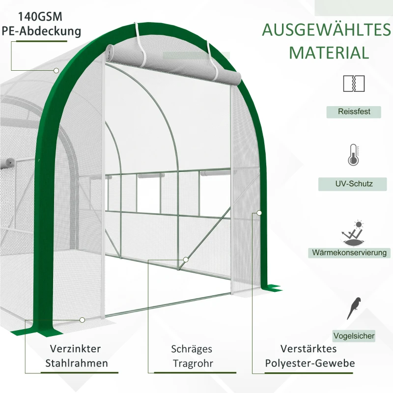 Outsunny Tunnel-Gewächshaus, Treibhaus, Reißverschlusstüren, Netzfenster, Metallrahmen, 3,5 x 2 x 2m, Weiß
