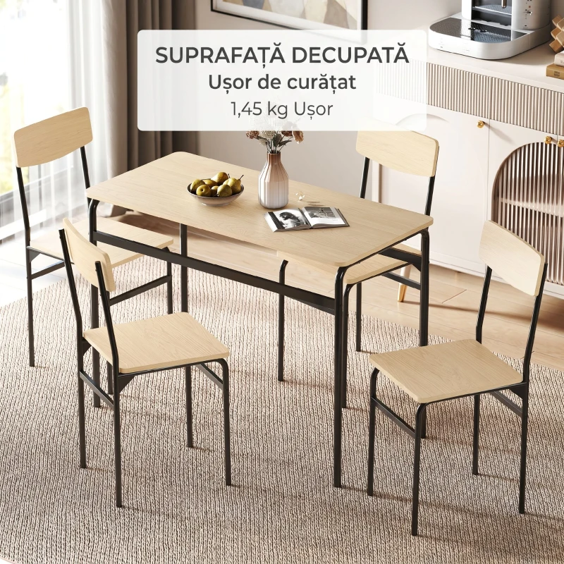 HOMCOM Set de Dining cu 5 Piese, Masă Dreptunghiulară și 4 Scaune, din Lemn și Metal, Negru și Lemn