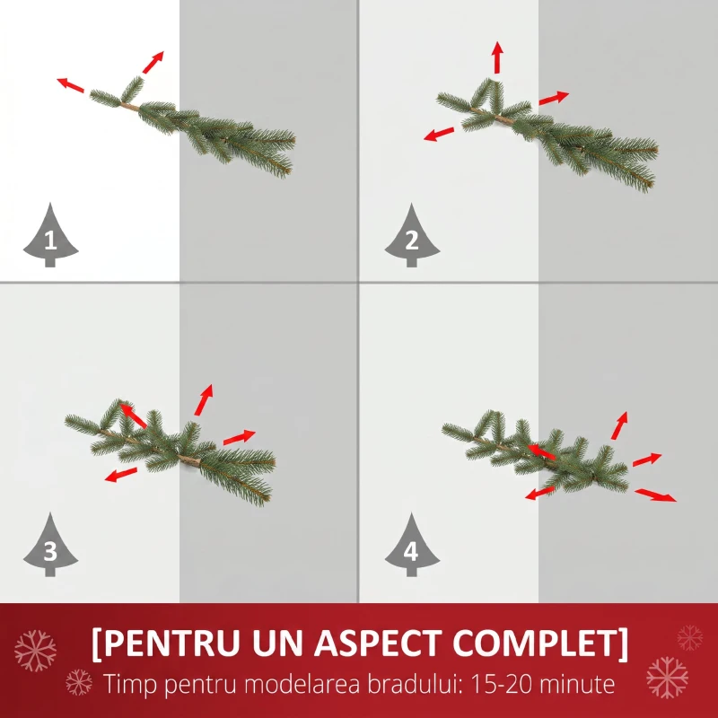 HOMCOM Brad de Crăciun Înzăpezit de 180 cm cu 630 de Ramuri și 37 de Conuri, din Plastic și Metal, Verde și Alb