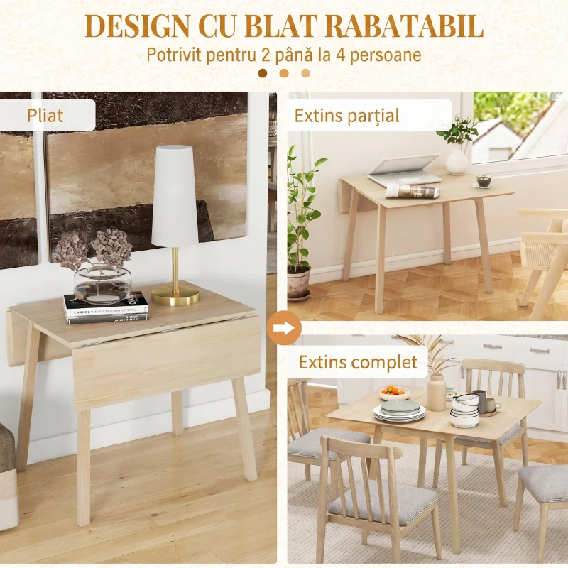 HOMCOM Masă Pliabilă Compactă cu 2 Extensii pentru 2-4 Persoane, din Lemn de Pin, Culoare Lemn Natural