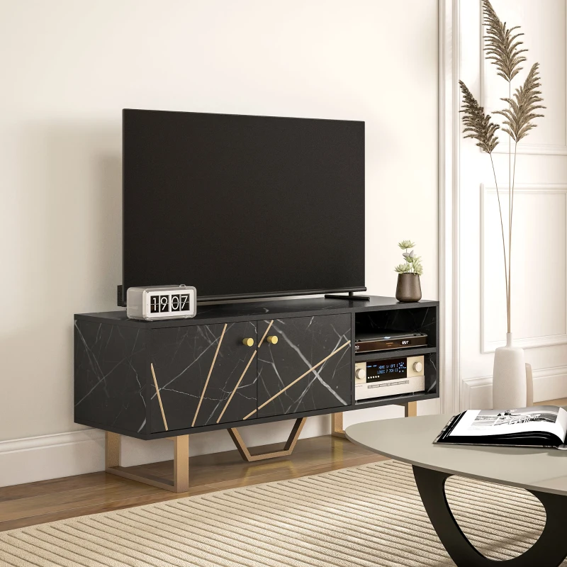 HOMCOM Móvel de TV com Prateleira Ajustável e Efeito Mármore Móvel de TV para Sala de Estar para Televisores de 50 Polegadas 110x35x45 cm Preto e Dourado