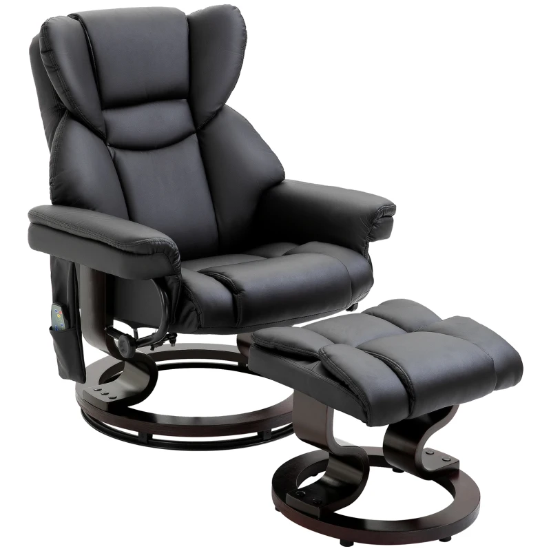 HOMCOM Fotoliu Relax cu Taburet Suport pentru Picioare și Funcție de Masaj, Rabatabil la 145° și Rotativ la 360°, Negru