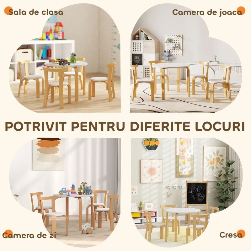 AIYAPLAY Set masă și scaune pentru copii 3-8 ani, 5 piese cu margini rotunjite, din lemn alb