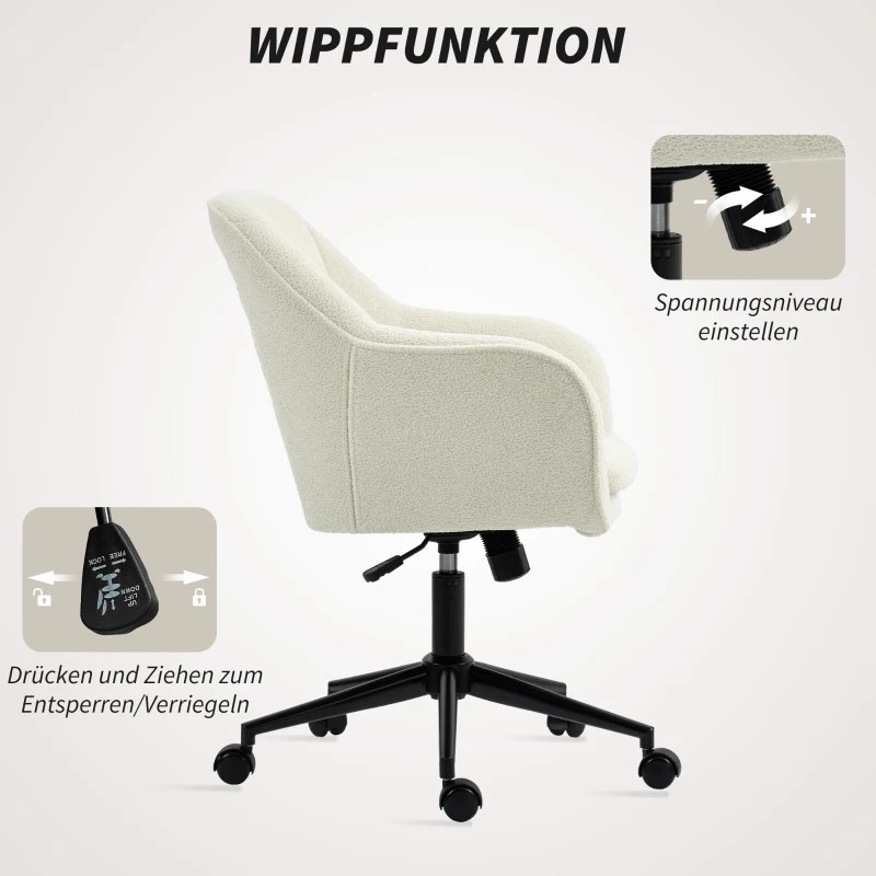 HOMCOM Bürostuhl mit Stoffbezug in Schneeflanelloptik, Schminkstuhl mit gewölbter Rückenlehne, für Schlafzimmer, Beige