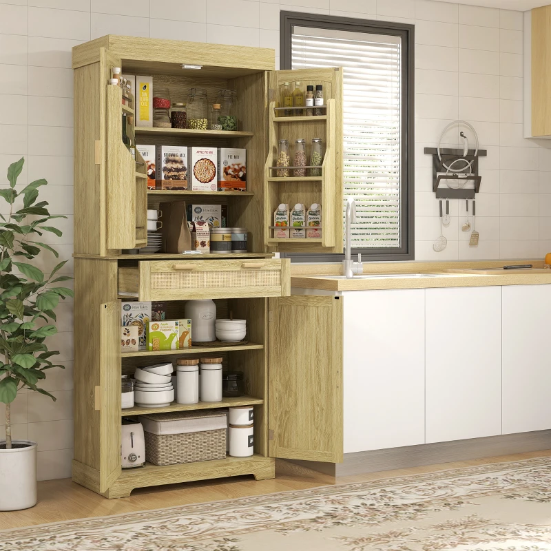 HOMCOM Credenza Cucina Stile Boho con 2 Armadietti, Cassetto e Portaspezie in Legno e Rattan, 76x40x183cm, Rovere