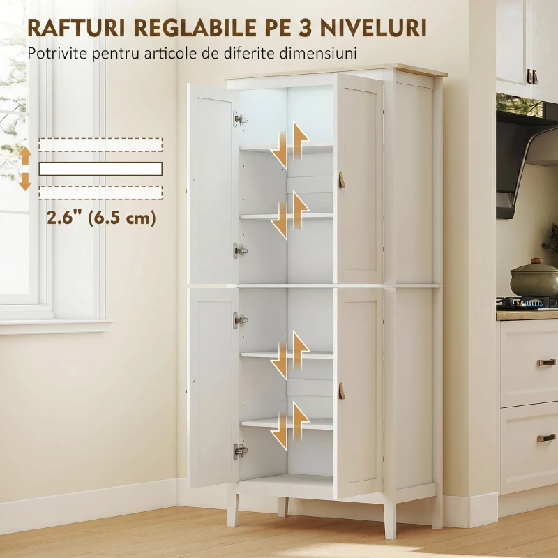 HOMCOM Bufet Înalt de Bucătărie, Dulap cu Lumină LED, Reglabil în 3 Culori, Rafturi Ajustabile, Alb