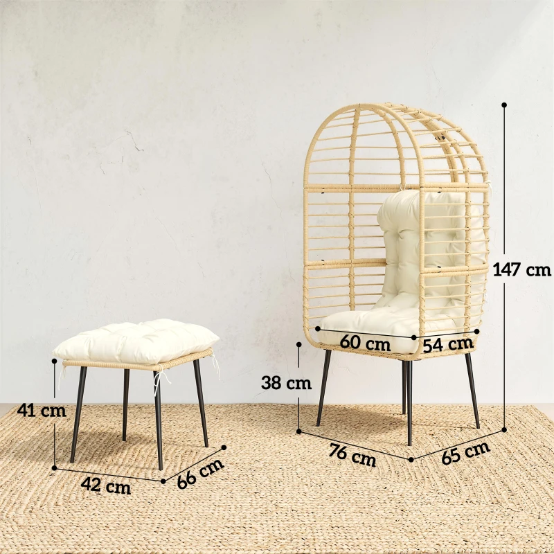 Outsunny Gartensessel mit Hocker PE Rattan Ei-Form Korbsessel mit langen & dicken Kissen Metallrahmen Beige