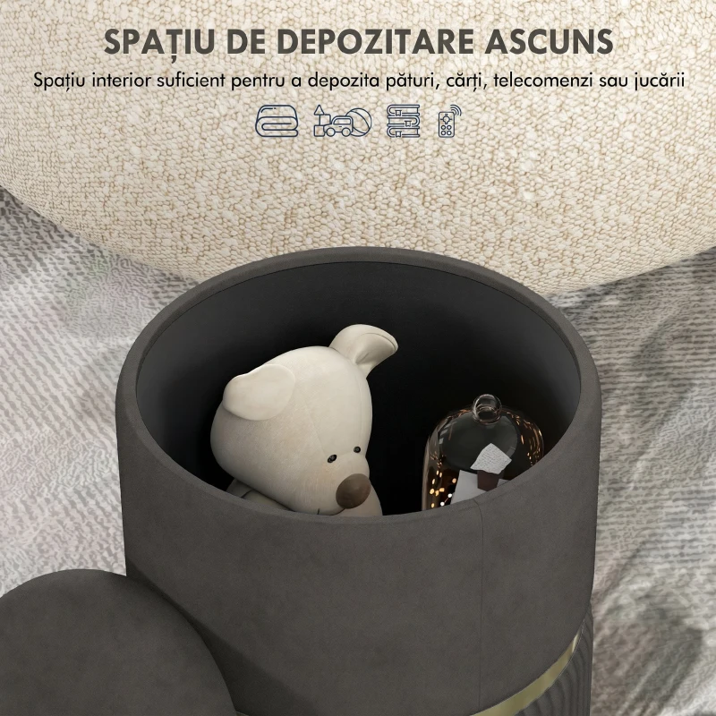 HOMCOM Puf rotund, Taburet tapitat cu spatiu de depozitare, Gri