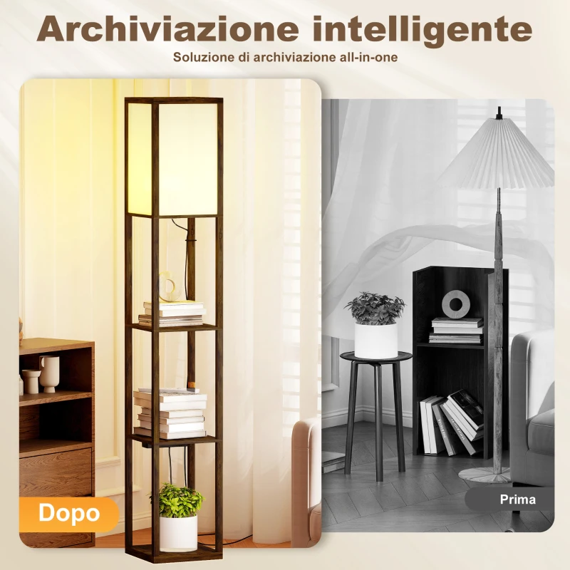 HOMCOM Lampada da Terra con Ripiani, Luce Regolabile, Interruttore a Pedale e Porte USB, Marrone