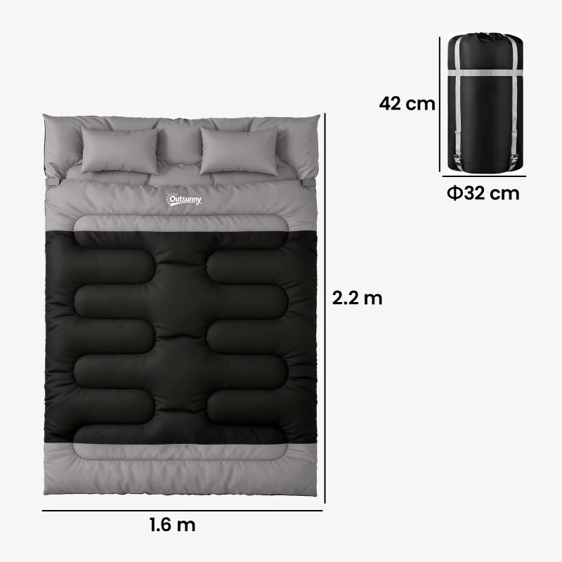 Outsunny Double Sleeping Bag with 2 Pillows, 220 x 160 cm Extra-Large Sleeping Bag for Adults, Black and Grey