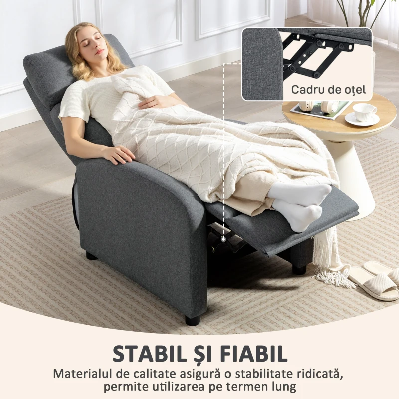 HOMCOM Fotoliu Relax Capitovat și Reclinabil la 135° cu Suport pentru Picioare din Material Textil, 69x87x100,5 cm, Gri