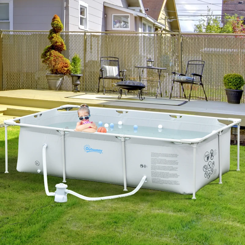 Outsunny Piscine Tubulaire Hors Sol rectangulaire Cadre en métal avec Filtre 252L x 152l x 65H cm Gris