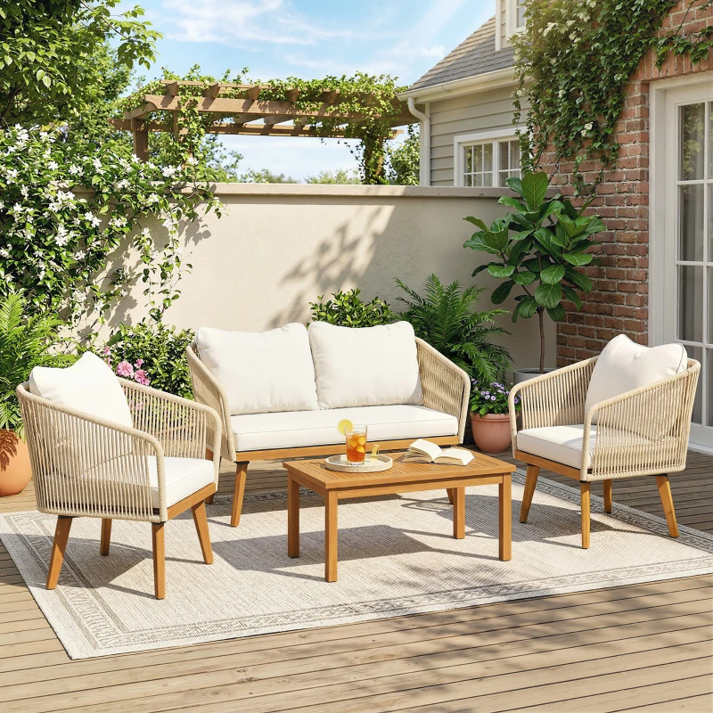 Outsunny Salon de Jardin 4 Pièces, Ensemble en Corde Tressée avec Structure en Acier et Bois d'Acacia, Coussins, Blanc Crème