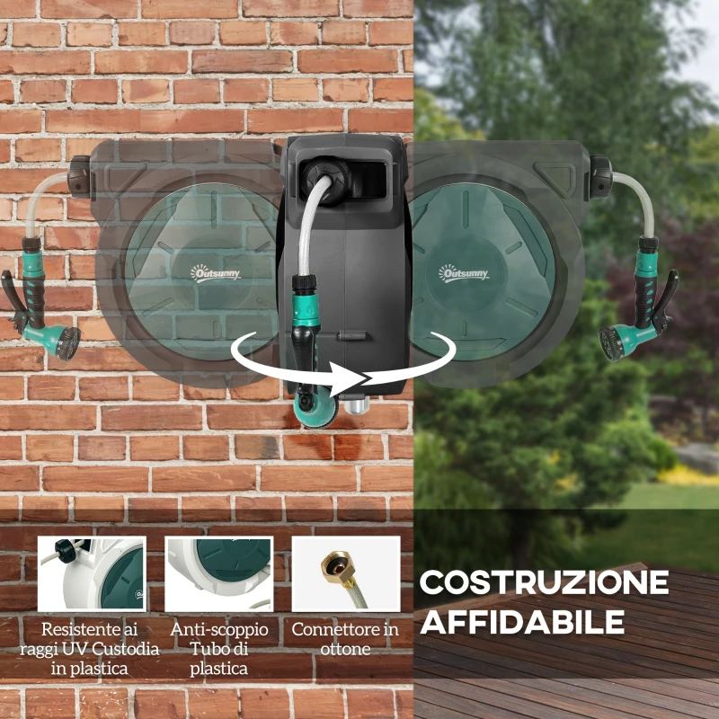 Outsunny Avvolgitubo da Giardino Retrattile con Tubo dell'Acqua 30+2 m, da Parete & da Manico, Girevole, 7 Modalità, Nero