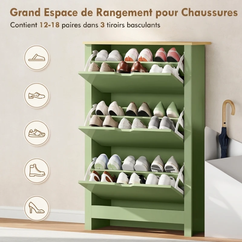 HOMCOM Meuble à Chaussures 18 Paires, Armoire à Chaussures à Haute Brillance, 3 Tiroirs Rabattables, Étagères Réglables, Vert