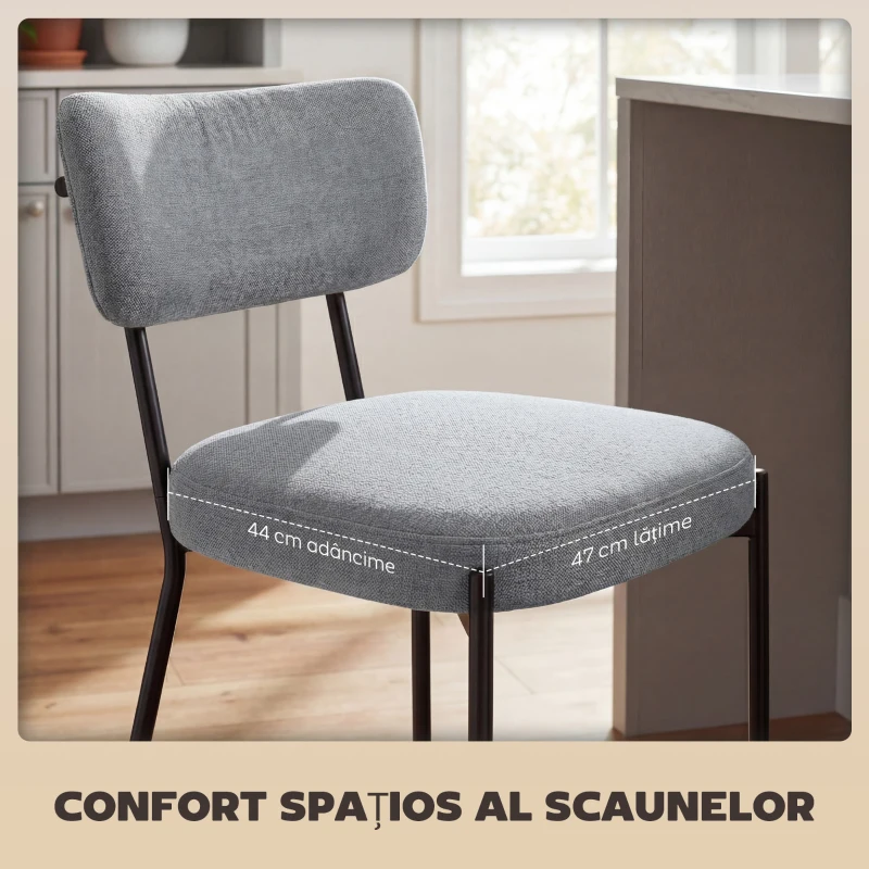 HOMCOM Set de 2 Scaune de Bar cu Spătar și Suport pentru Picioare din Metal și Material Textil, Gri Deschis