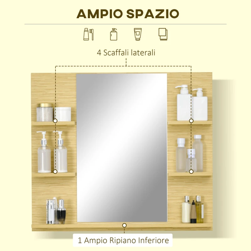 kleankin Specchio da Parete Rettangolare per Bagno con 4 Ripiani Laterali e Ampio Ripiano Inferiore, in MDF e Vetro, 80x12.5x70cm