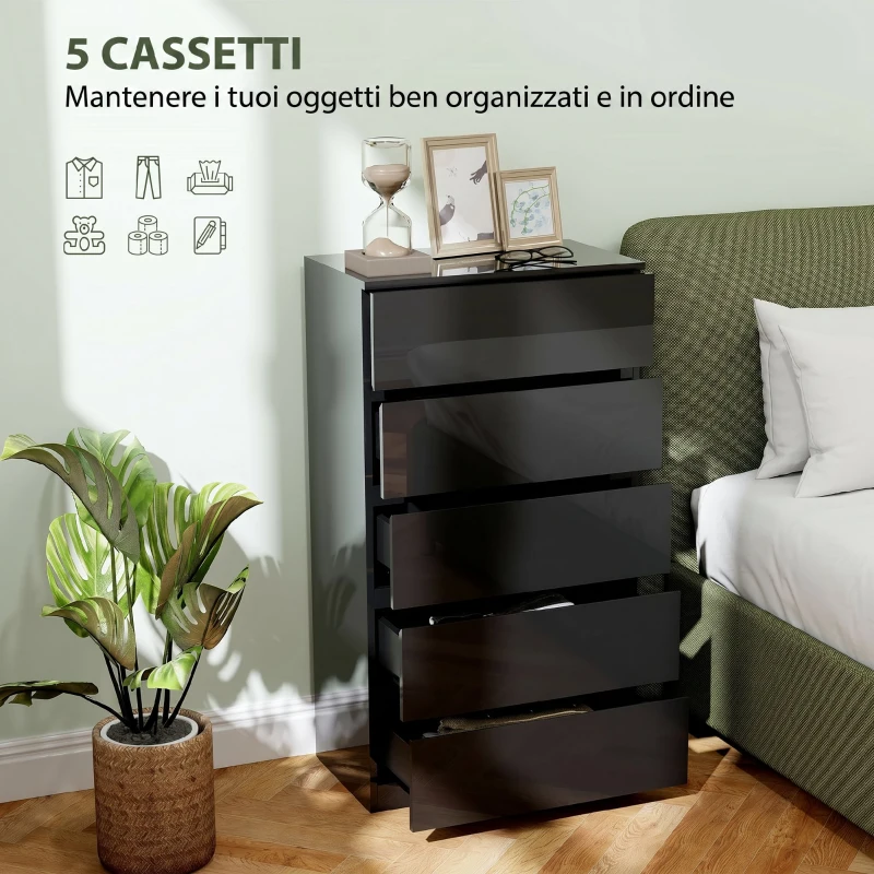 HOMCOM Cassettiera 5 Cassetti in Legno, Comò per Camera da Letto Moderno e Multiuso, 55x34x100 cm, Nero