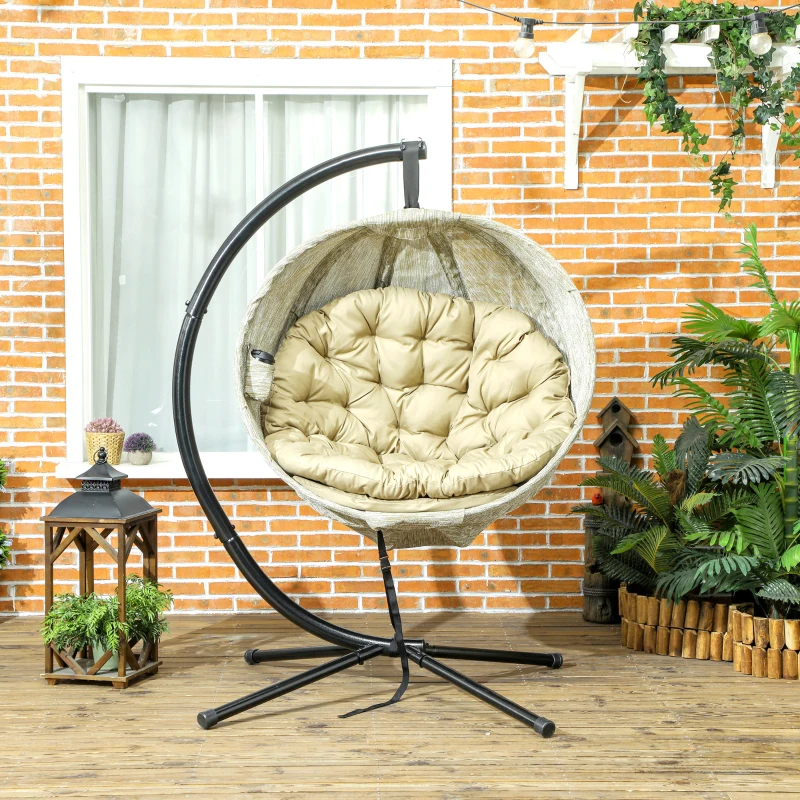Outsunny Hanging Egg Chair Outdoor Indoor Garden Swing Chair with Folding Basket, Thickened Cushion, Cup Holder for Patio, Balcony, Khaki