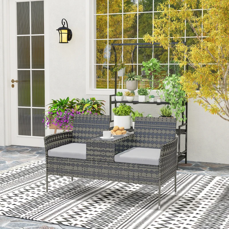 Outsunny Panchina da Esterno 2 Posti con Tavolino da Caffè, in Acciaio e Rattan PE, 137x59x82 cm, Grigio