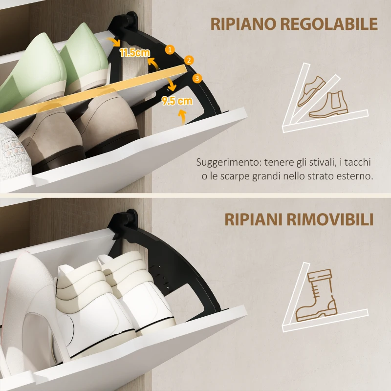 HOMCOM Scarpiera Salvaspazio Slim a 4 Cassetti per 20 Paia di Scarpe 62.5x26x156 cm, color Legno e Bianco