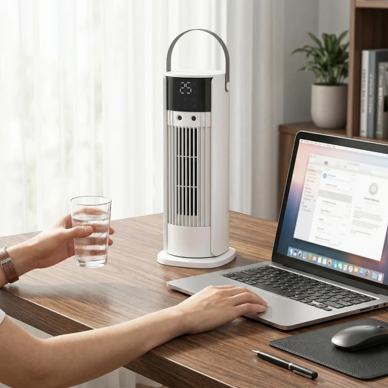 HOMCOM Ventilateur de table colonne avec brumisateur, ventilateur de bureau 3 vitesses, oscillation 90°, blanc