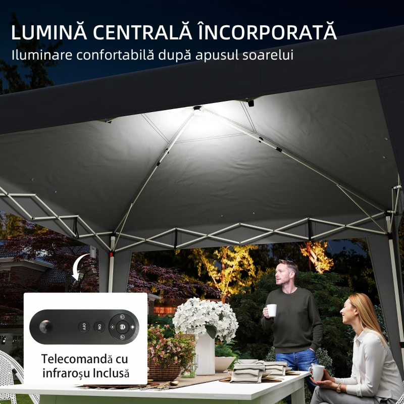 Outsunny Pavilion pliabil 3x3 m, înălțime reglabilă, cu lumină centrală și telecomandă, din metal și poliester, negru