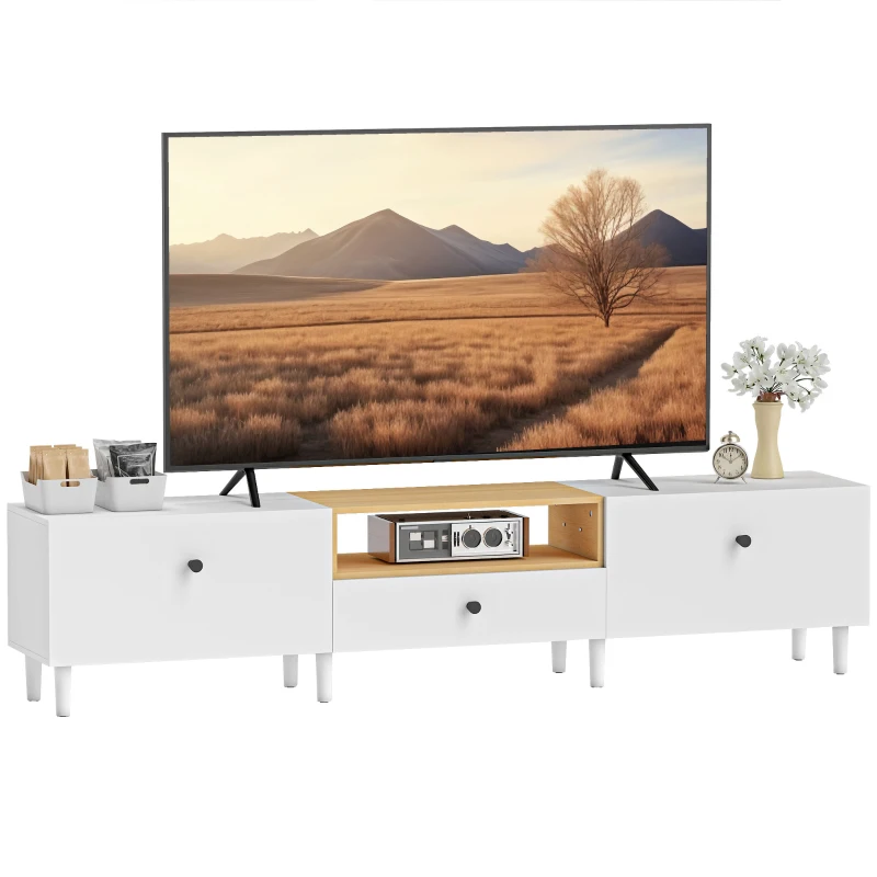 HOMCOM Meuble TV, meuble télé pour téléviseur jusqu'à 90 pouces avec 2 portes rabattables, tiroir, 200 x 35 x 45 cm, blanc