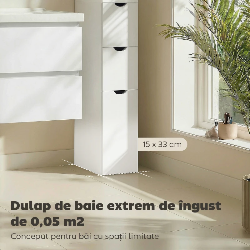 HOMCOM Dulap de Baie din Lemn cu Rafturi și Sertare, 15x33x136 cm, Lemn Natural