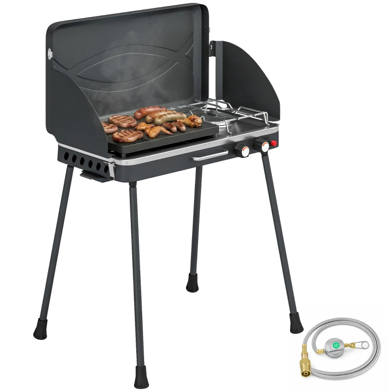 Outsunny Tragbarer Gasgrill 2 Brenner 7 kW 2-in-1 Tischgrill mit Braten klappbar Beinen Grillrost Windschutz Deckel Verschluss