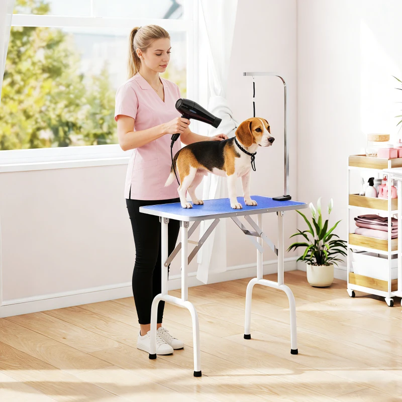 PawHut Mesa de Peluquería Canina Plegable con Encimera Antideslizante Brazo Ajustable 81x48,5x80 cm Azul