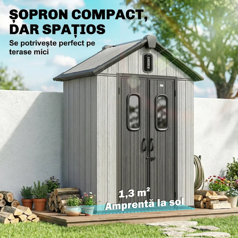 Outsunny Depozit de grădină, șopron, depozit pentru unelte, din plastic, cu podea, cadru metalic, guri de aerisire, 2 ferestre, uși duble blocabile, acoperiș înclinat, 3m², gri