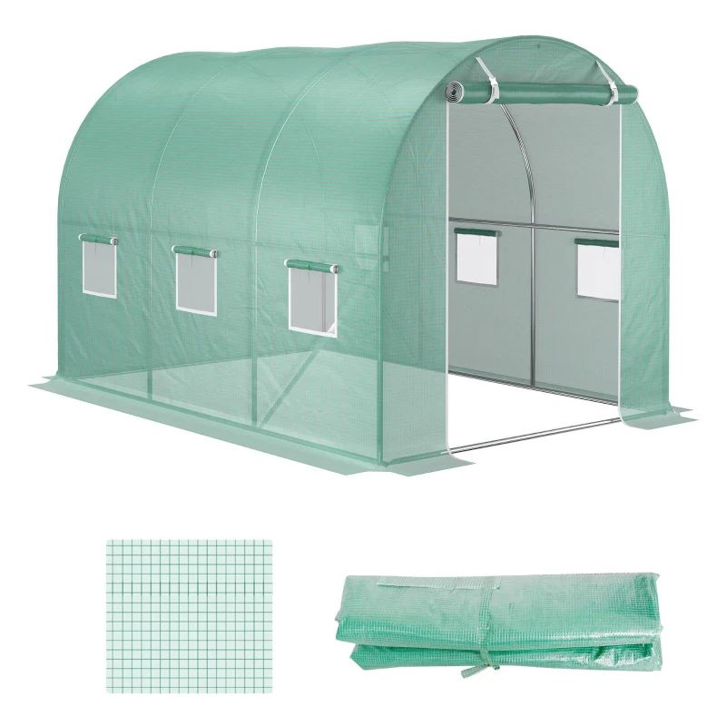 Outsunny Telo per Serra in PE con 6 Finestre, Porta Avvolgibile e Bordi Interrati, 3x2x2 m, Verde