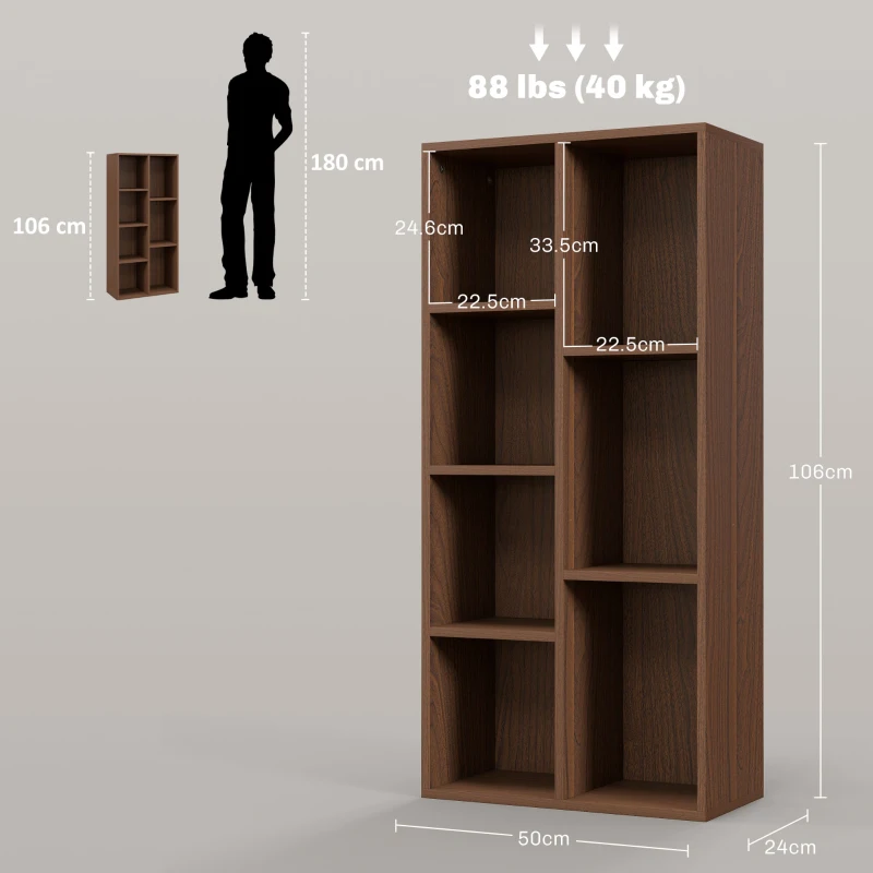 HOMCOM Bibliotecă modulară din lemn cu 7 rafturi de dimensiuni diferite, 50x24x106 cm, culoare nuc