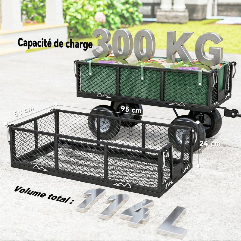 Outsunny Chariot de Jardin 300 kg, Chariot Remorque avec Bâche Amovible et Poignée Rotative à 180°, Parois Rabattables, Vert