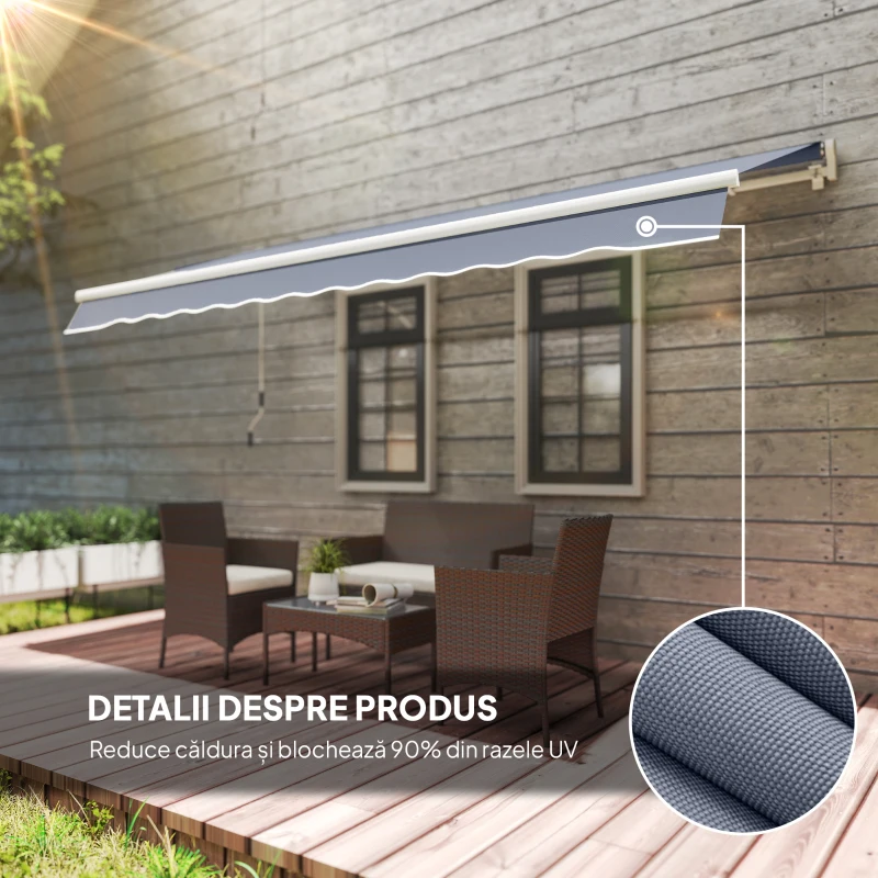 Outsunny Copertină Retractabilă pentru Exterior cu Manivelă, 360x250 cm, Gri