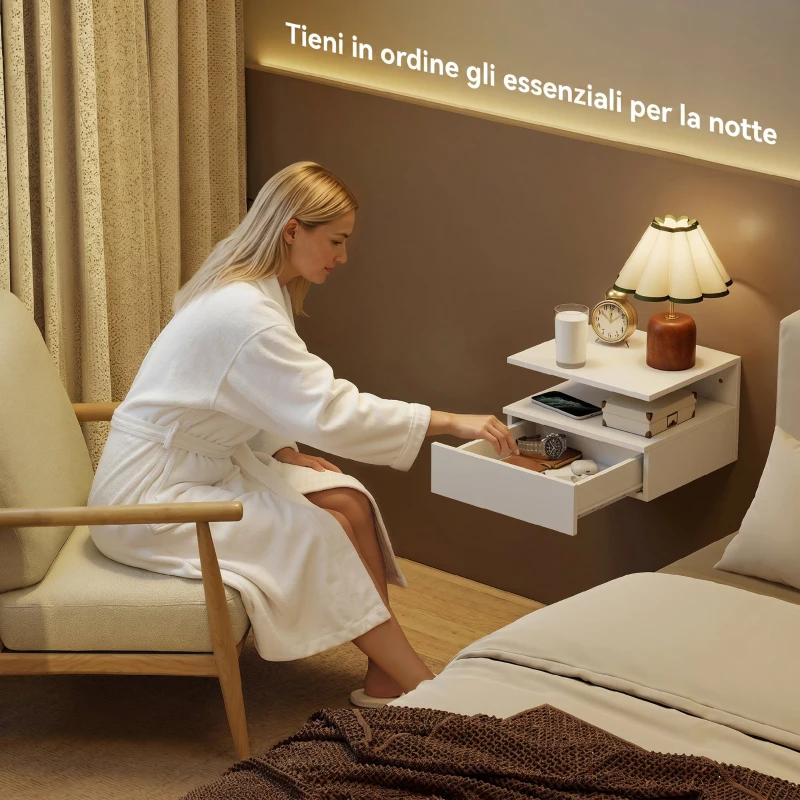 HOMCOM Set 2 Comodini Sospesi con Stazione di Ricarica, Cassetto e Ripiano Aperto, in Legno, 40x35x30 cm, Bianco