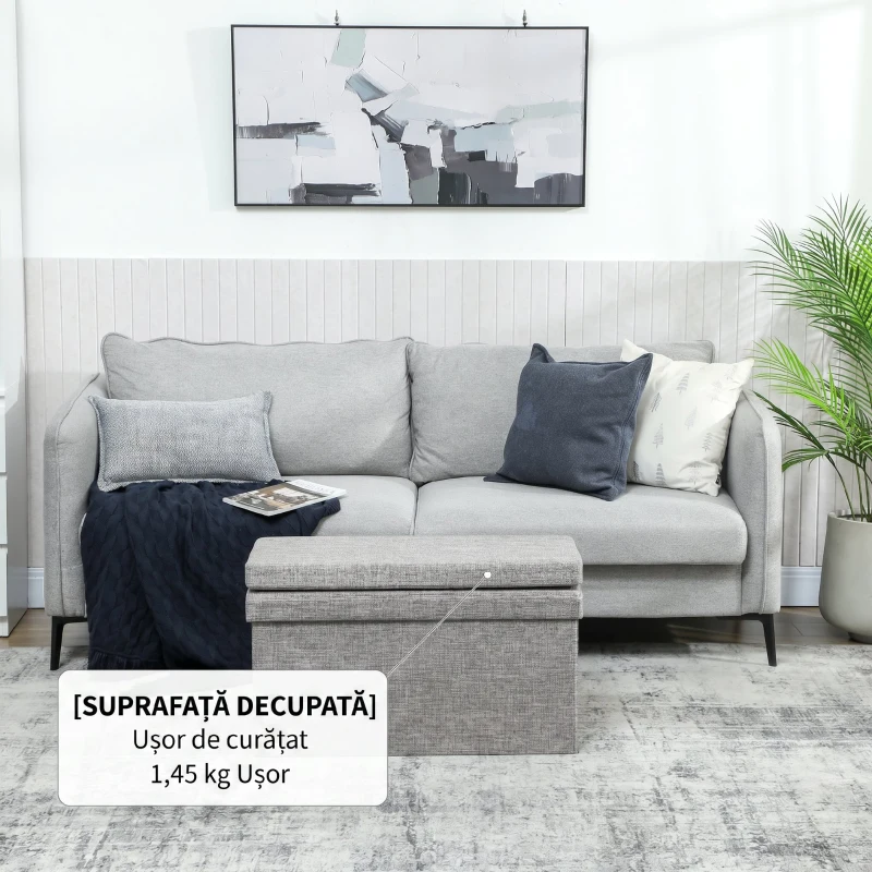 HOMCOM Bancă cu Spațiu de Depozitare Pliabilă cu Spătar și Capacitate de 77L, Tapițerie din Țesătură, 76x50x73 cm, Gri