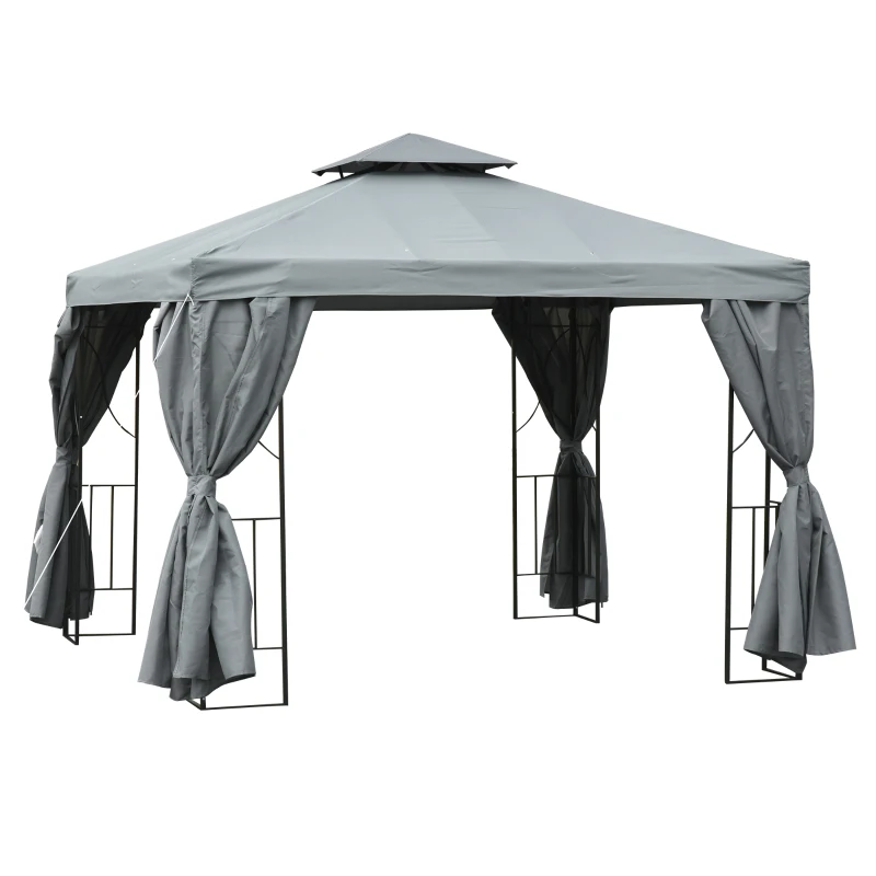 Outsunny Cenador de Jardín 3x3 m Pabellón para Exterior con Doble Techo de Ventilación y 4 Cortinas Laterales Extraíbles de Cremallera Gazebo para Terraza Patio Exterior Gris